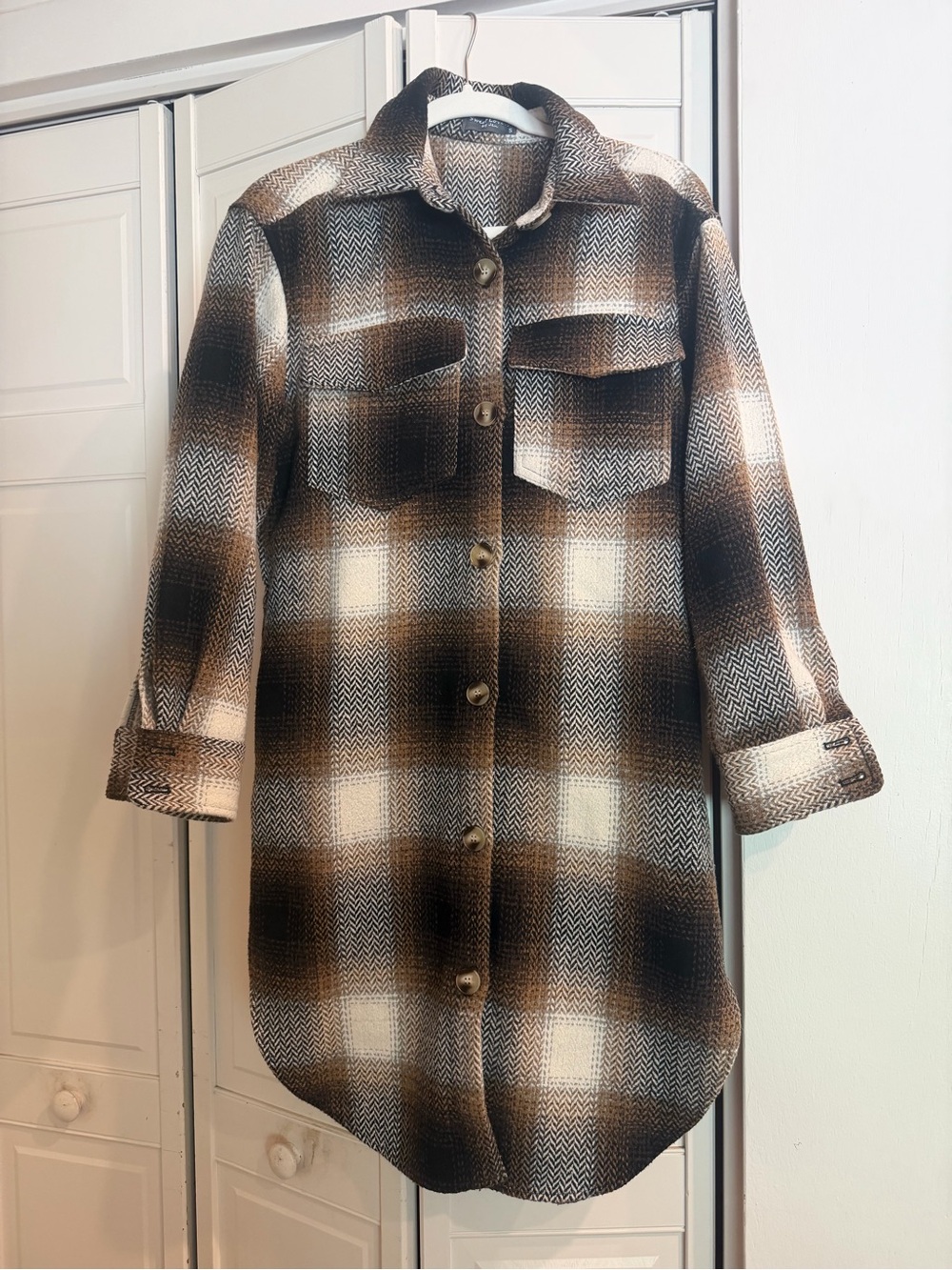 Womens Brown Plaid Button-Up Shacket